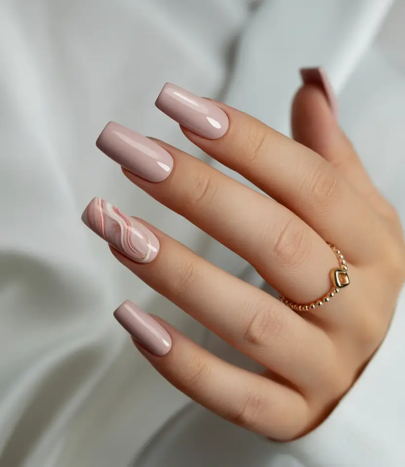 nude nails 2026 Long Nude With Soft Marble Art Accent