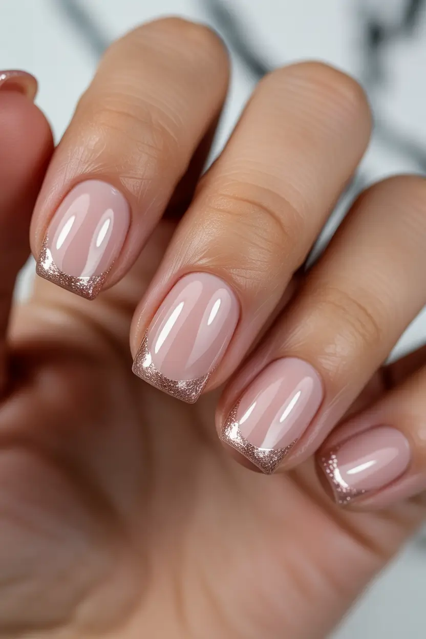 nude nails 2026 Short Nude With Rose Gold Sparkle Tips