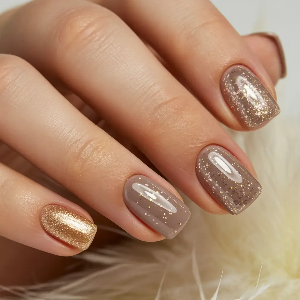 nude nails 2026 Warm Taupe Nude With Gold Accents And Winter Sparkle