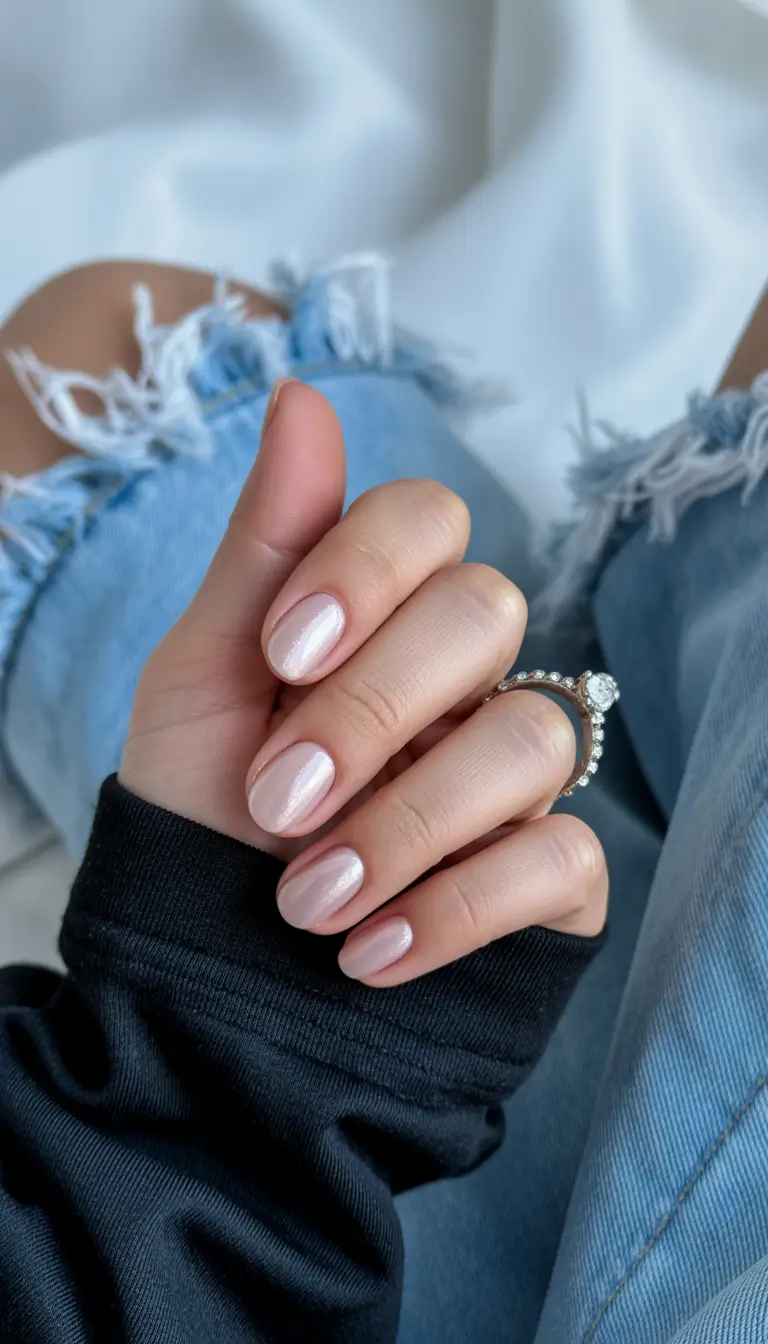nude nails 2026 Icy Pearl Pink Nude With Soft Shimmer Glow