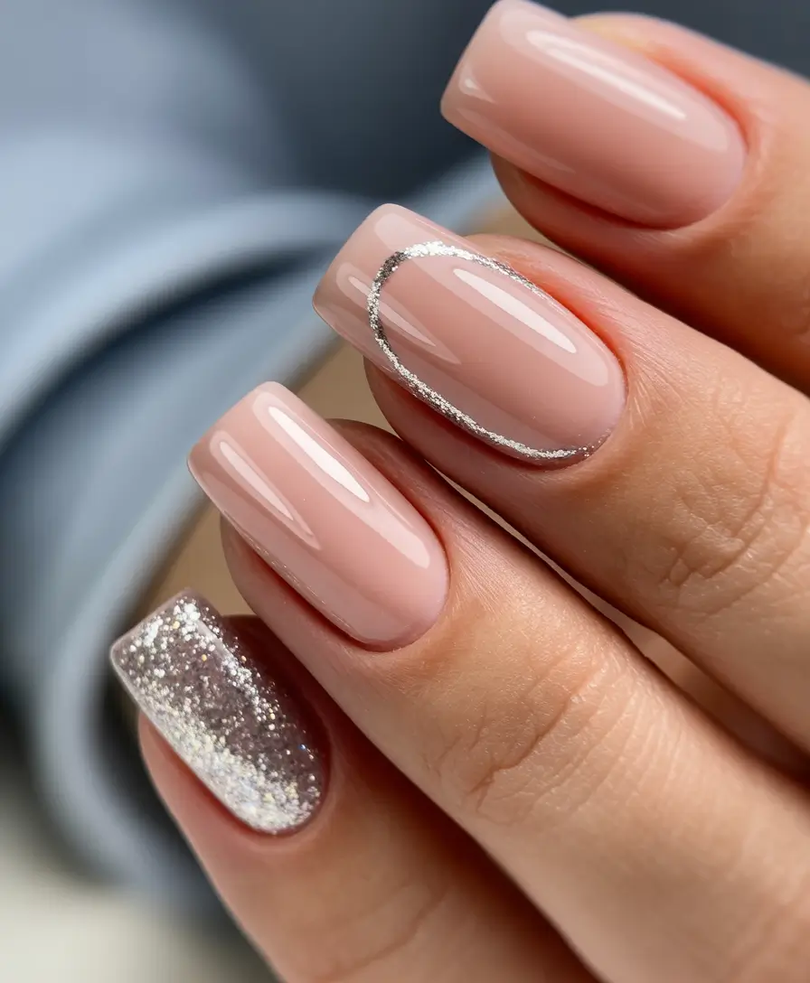 nude nails 2026 Modern Nude Square With Silver Oval Accent
