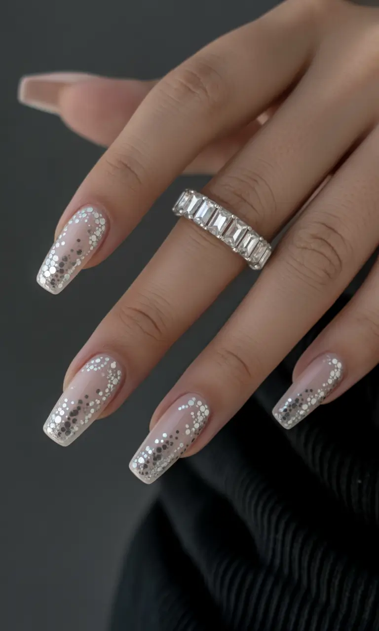 nude nails 2026 Silver Confetti Gradient on Soft Nude Length