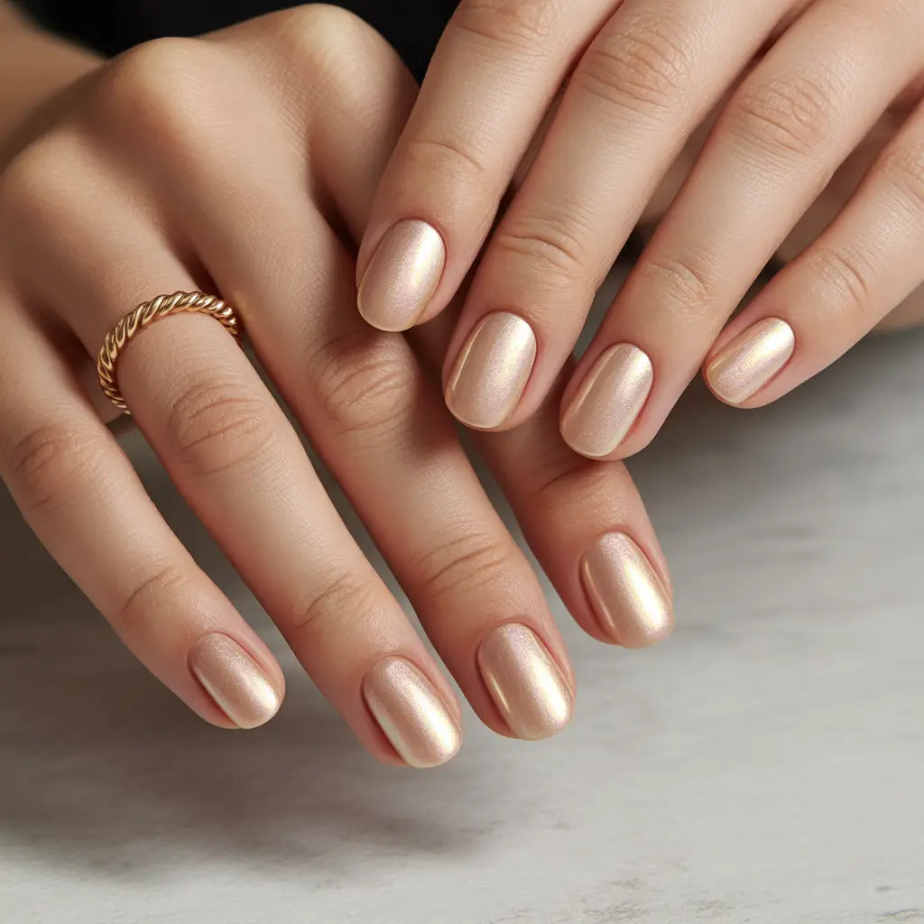 nude nails 2026 Golden Nude Glow With a Soft Satin Finish