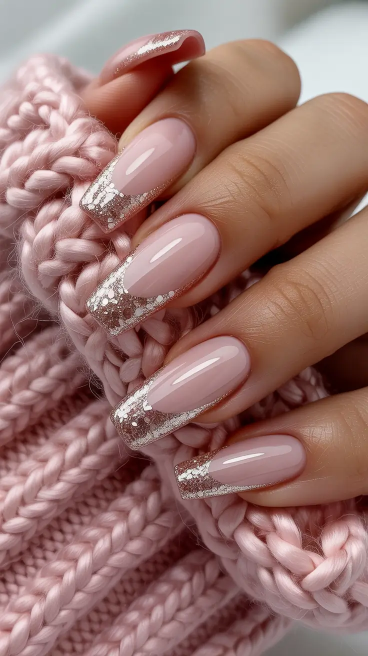 nude nails 2026 Soft Pink Tips With Glittery Winter Sparkle