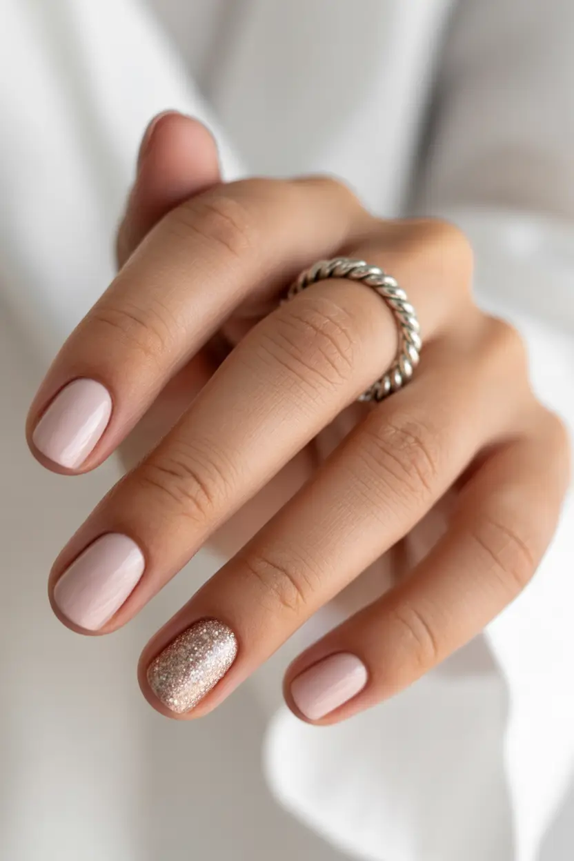 nude nails 2026 Nude Minimalism With a Single Glitter Accent