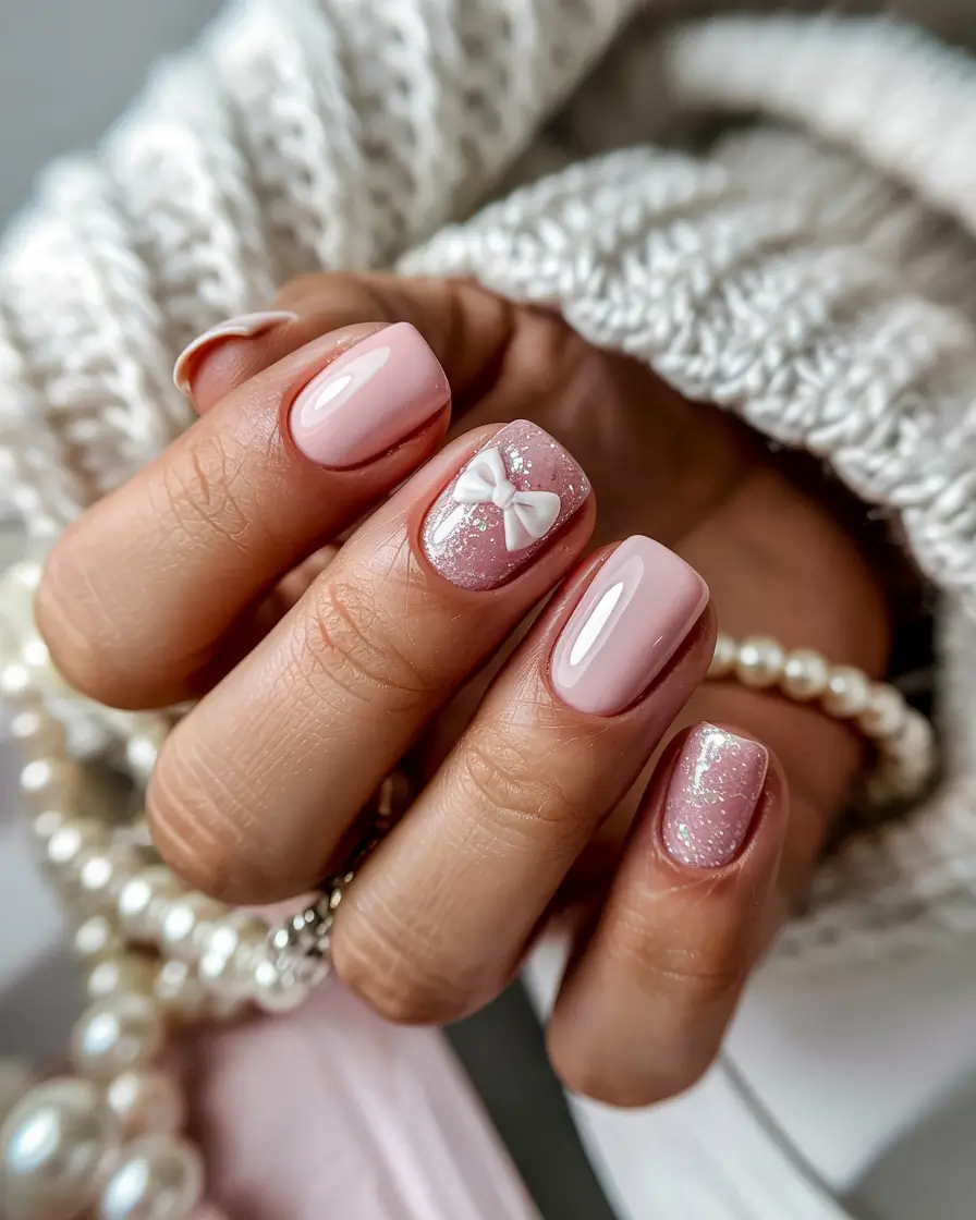 pink nails 2026 Pink Pearl Bow Accent Nails