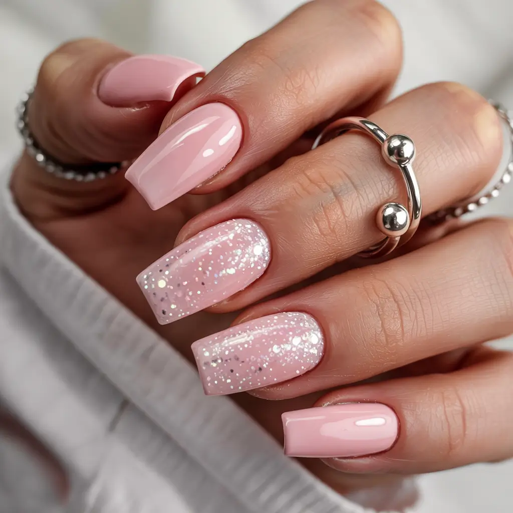 pink nails 2026 Baby Pink Shine With Glitter Fade