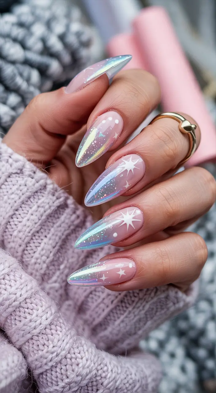 pink nails 2026 Iridescent Starry Almond Fantasy