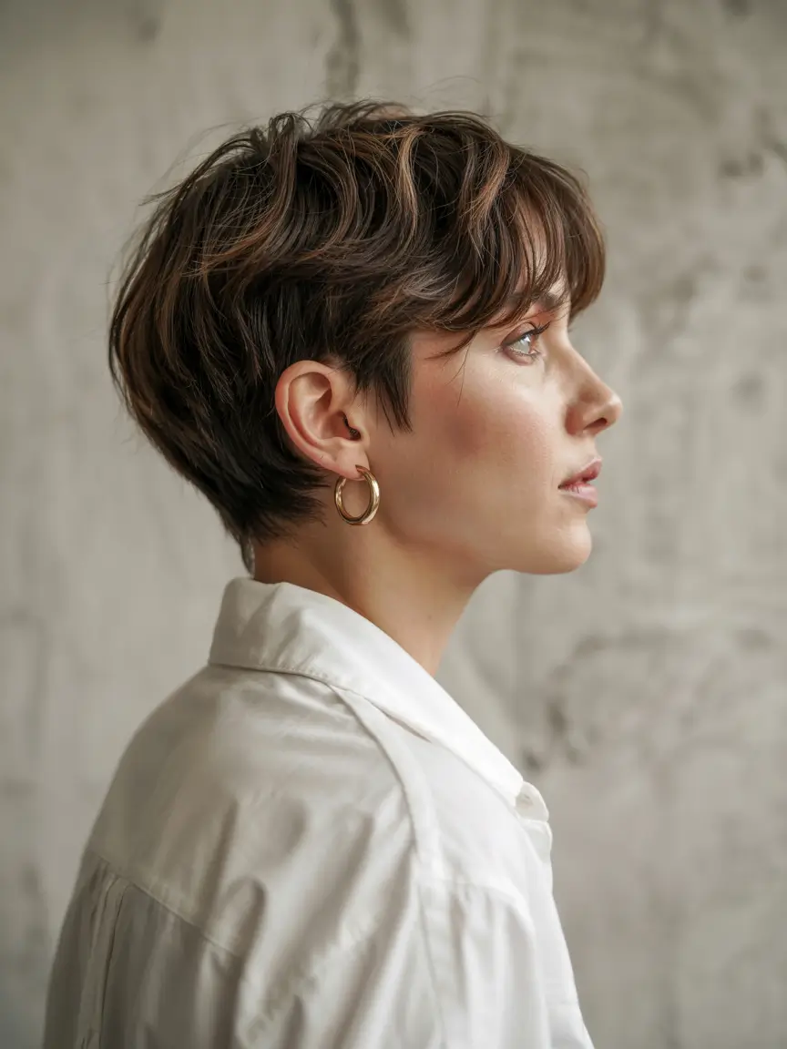 pixie haircut 2026 Softly Layered Brunette Pixie