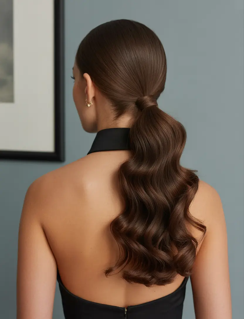 ponytail hairstyles 2026 Glossy Low Wave Perfection