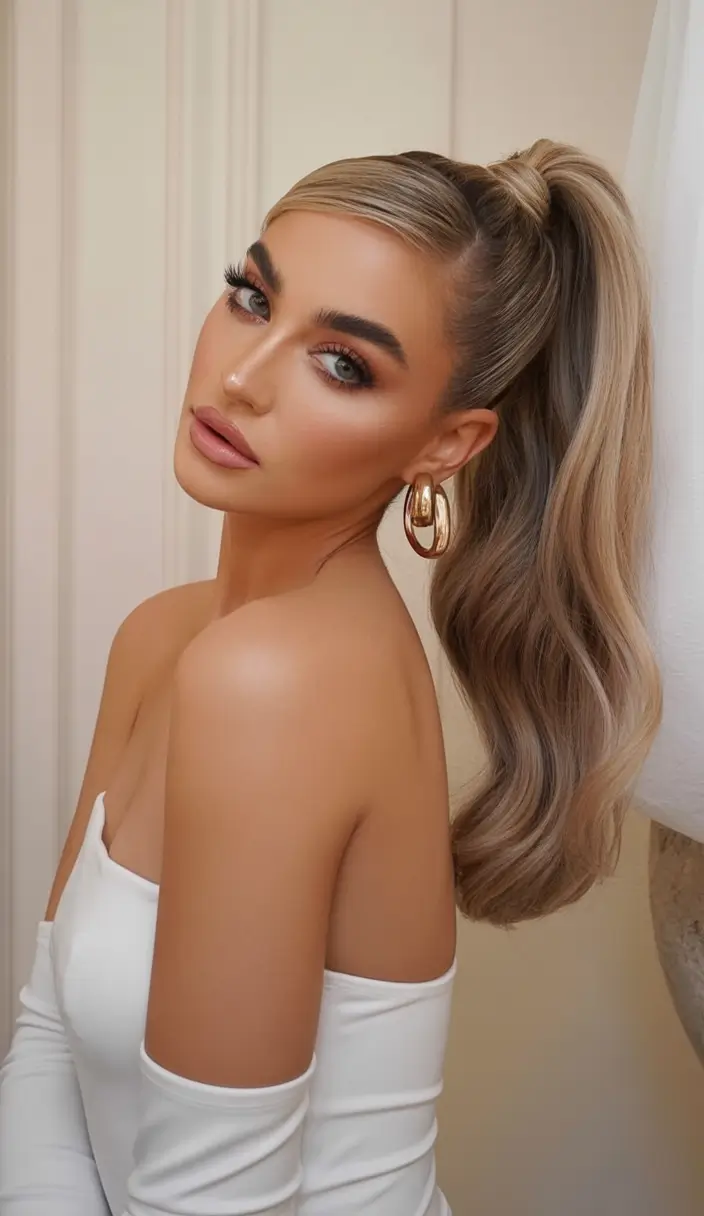 ponytail hairstyles 2026 Glam Blonde Wave Lift