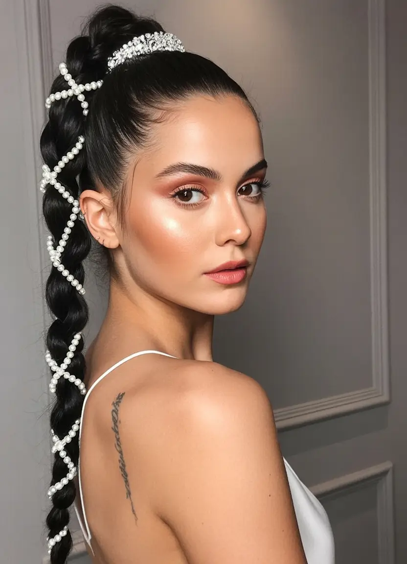 ponytail hairstyles 2026 Pearl Wrapped Braid Glam