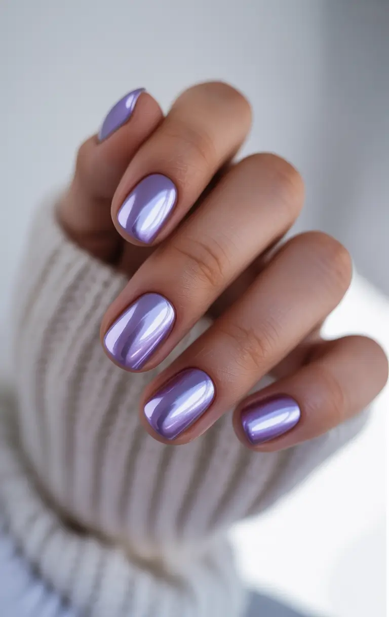 short acrylic nails 2026 Lavender Chrome Mirror Shine