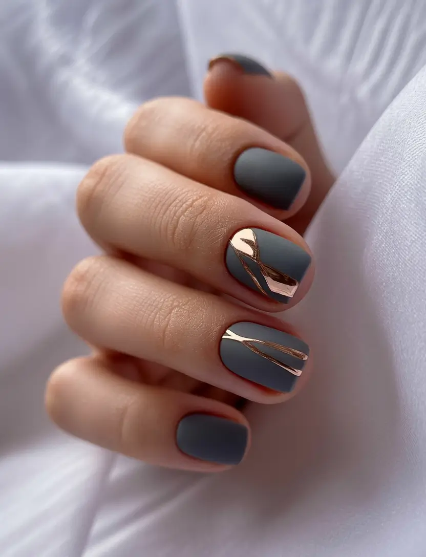short acrylic nails 2026 Matte Slate With Gold Accents