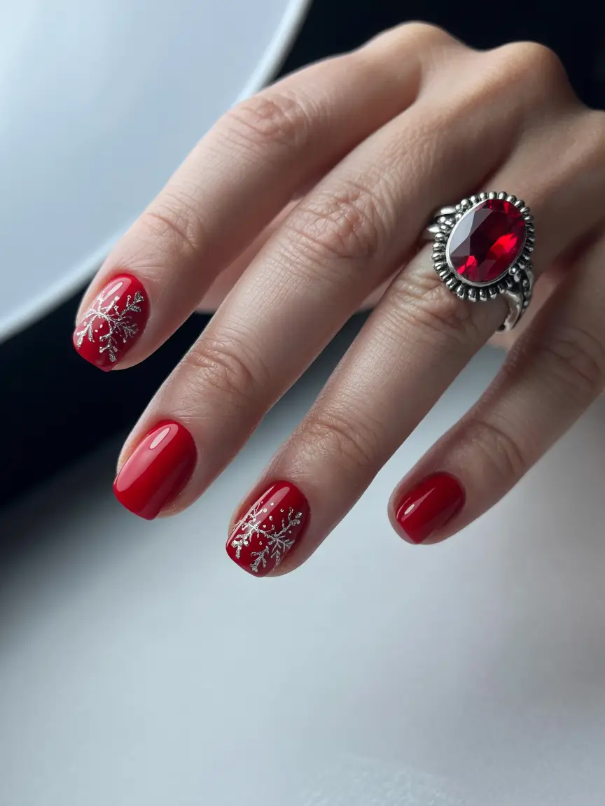 short acrylic nails 2026 Crimson Snowflake Sparkle