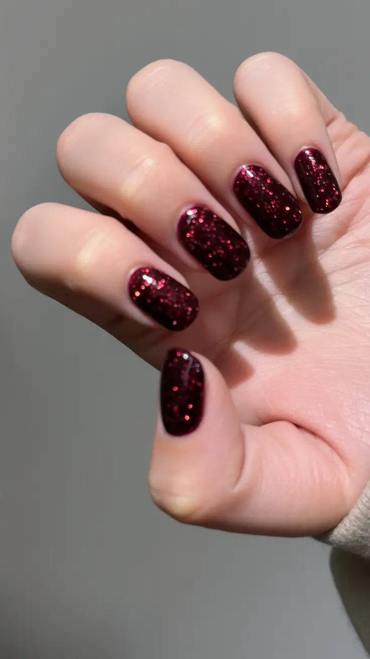 short acrylic nails 2026 Crimson Glitter Velvet
