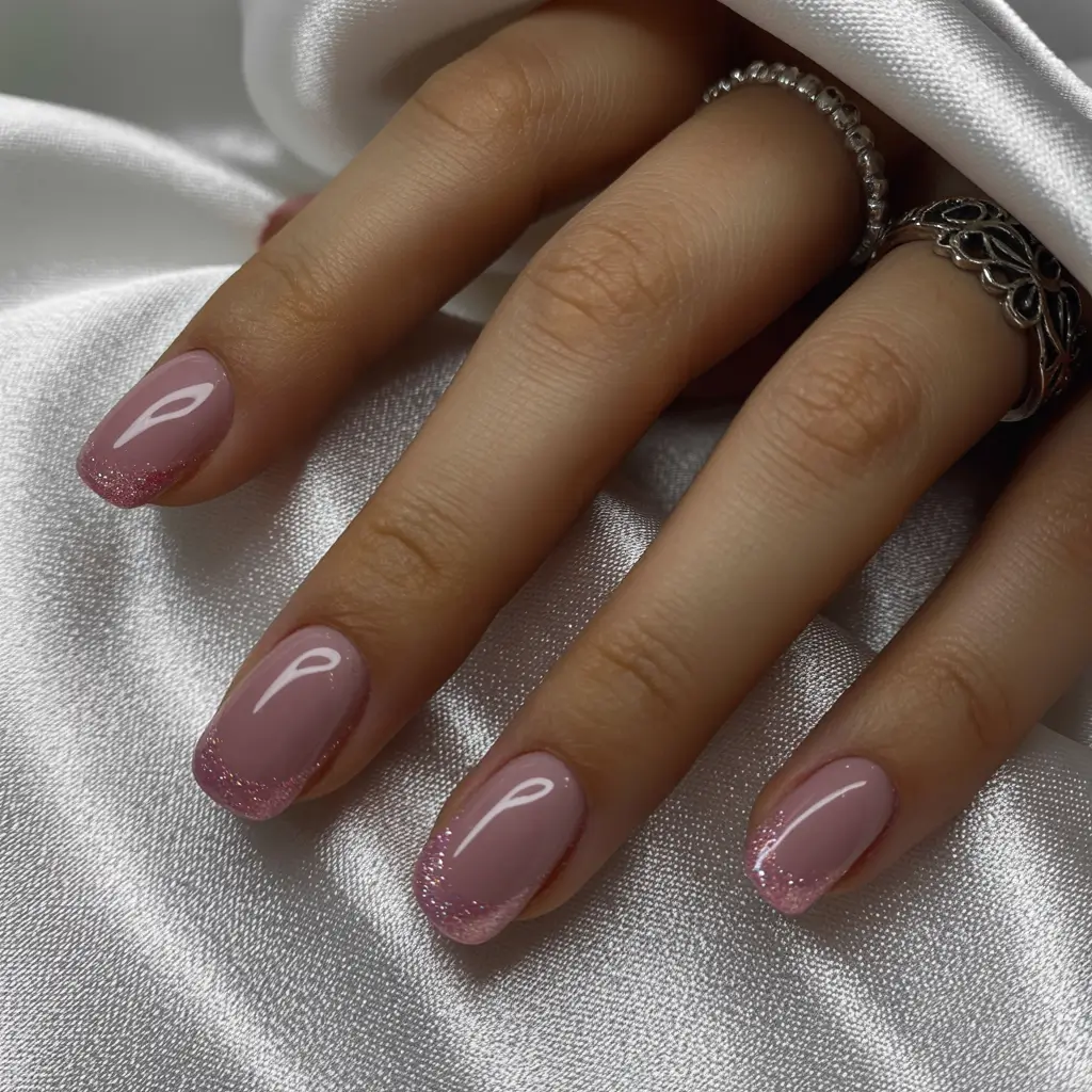 short acrylic nails 2026 Pink Glitter Frost Tips