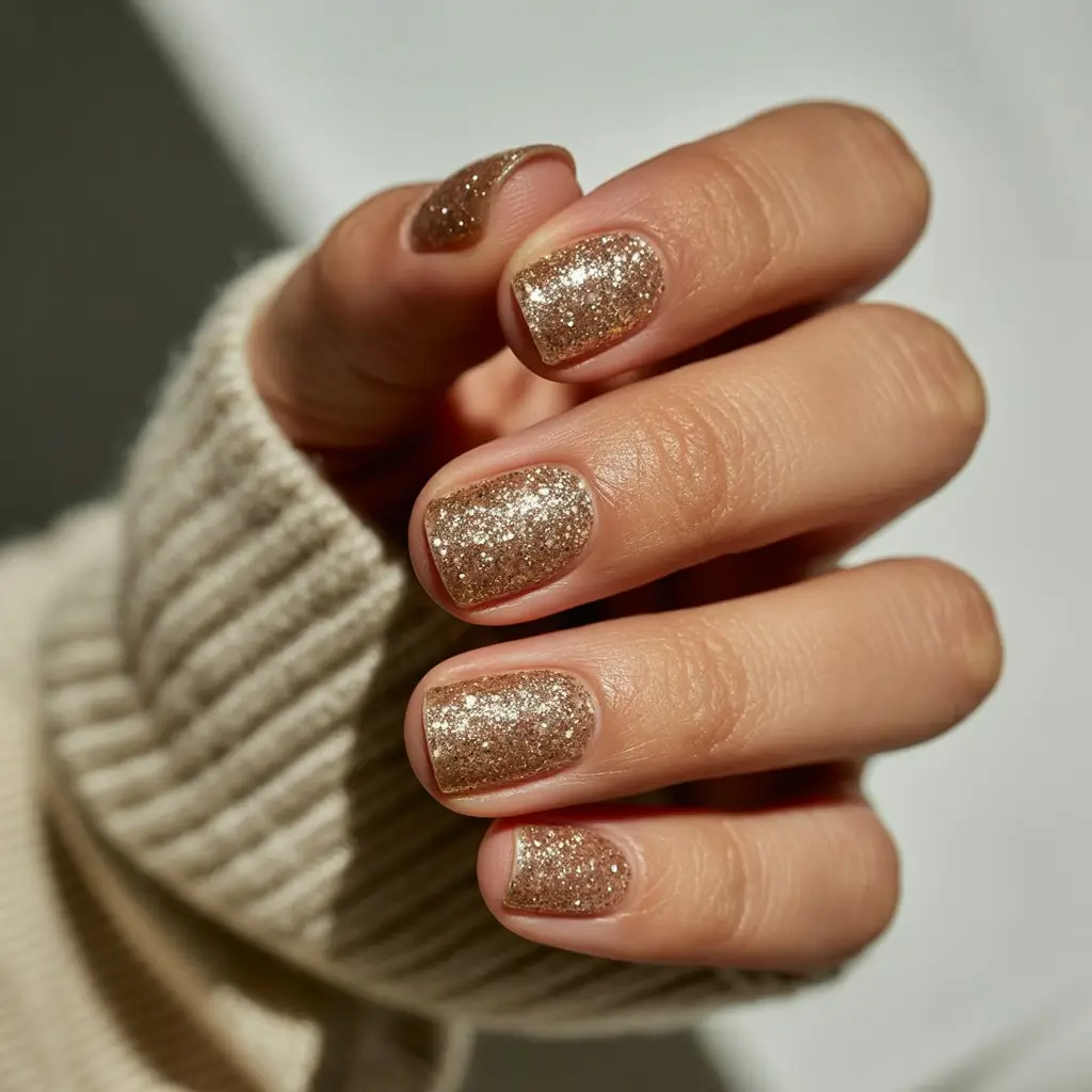 short acrylic nails 2026 Golden Glitter Glow