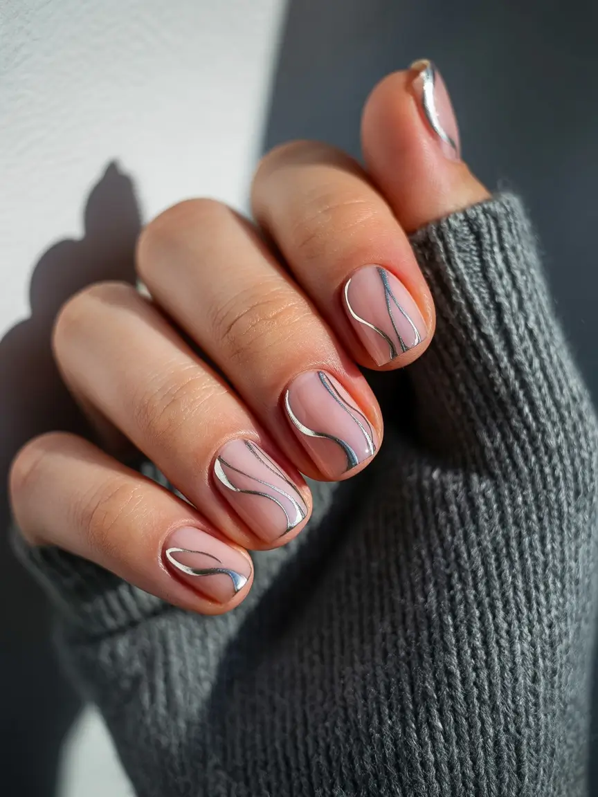 short acrylic nails 2026 Silver Wave Line Art