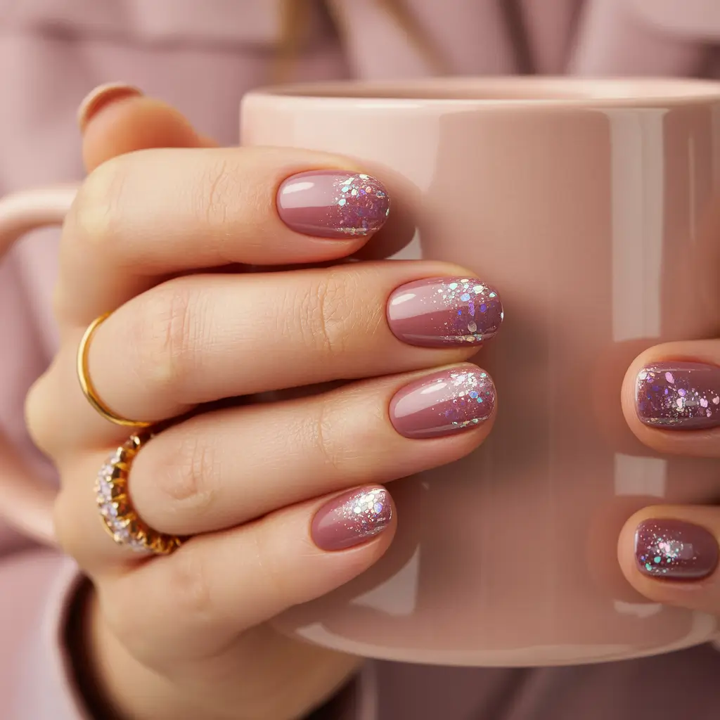 short acrylic nails 2026 Rosy Sparkle Fade