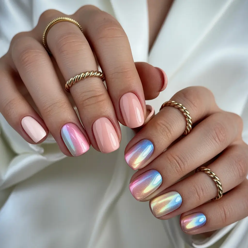 short acrylic nails 2026 Pastel Chrome Glow