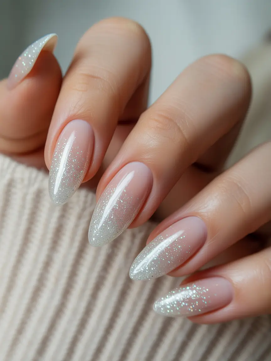 short almond nails 2026 Frosted Shimmer for Minimal Winter Glow