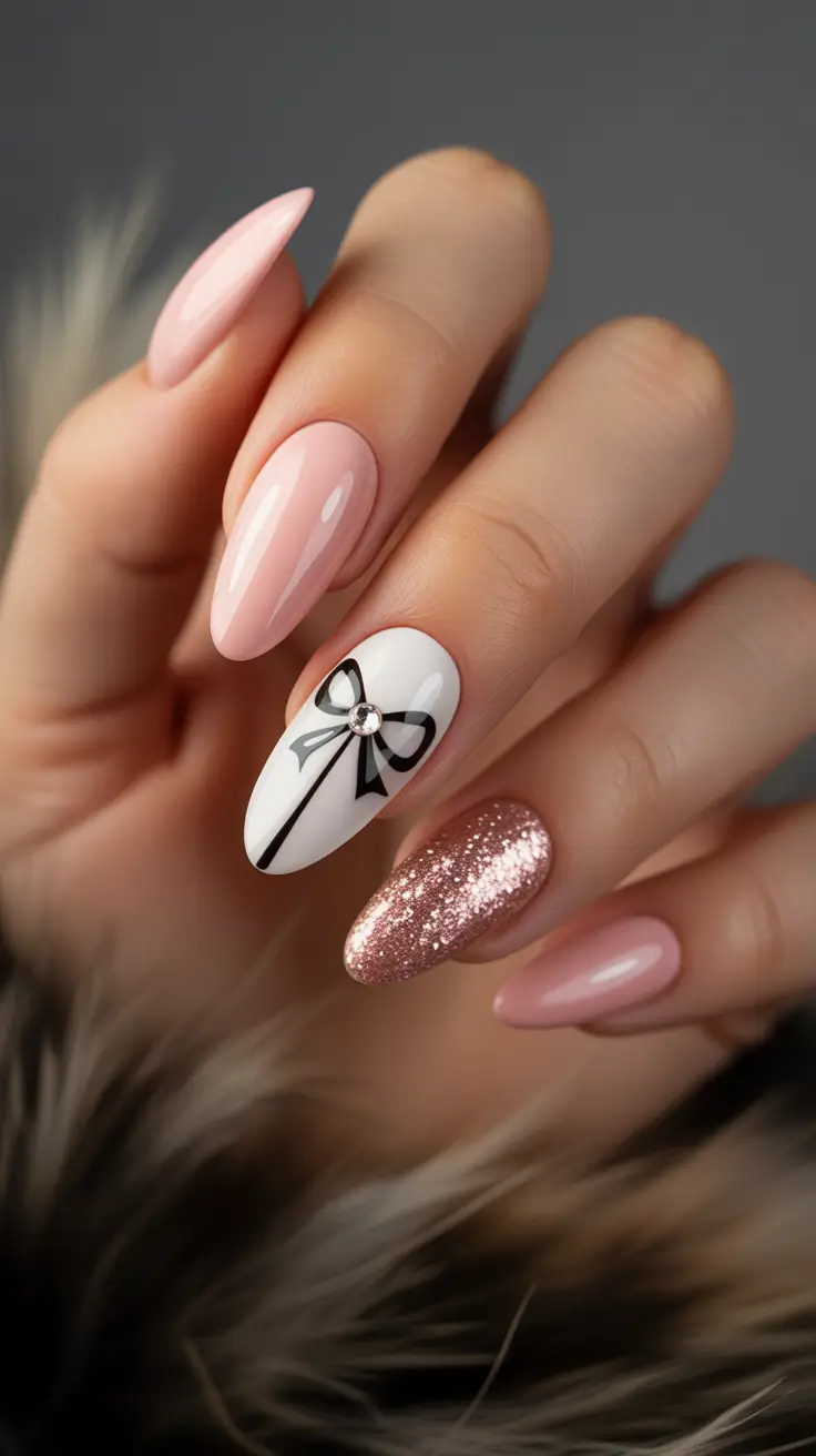 short almond nails 2026 Pink Bow Charm and Rose Glitter Accent