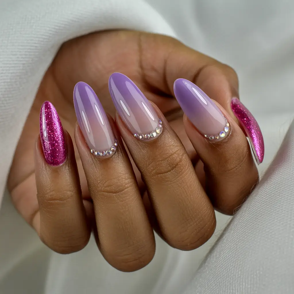 short almond nails 2026 Lavender Ombre Glow with Crystal Detail