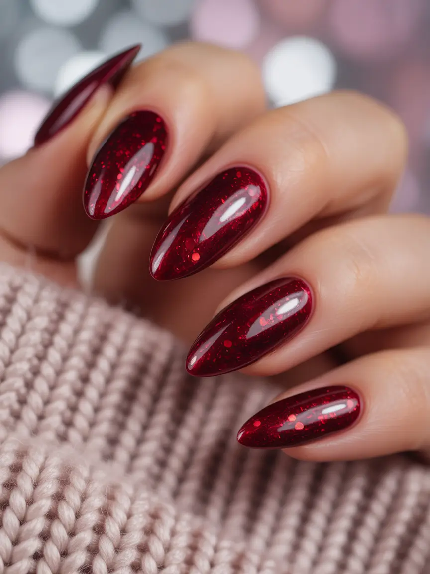 short almond nails 2026 Deep Ruby Jelly Sparkle