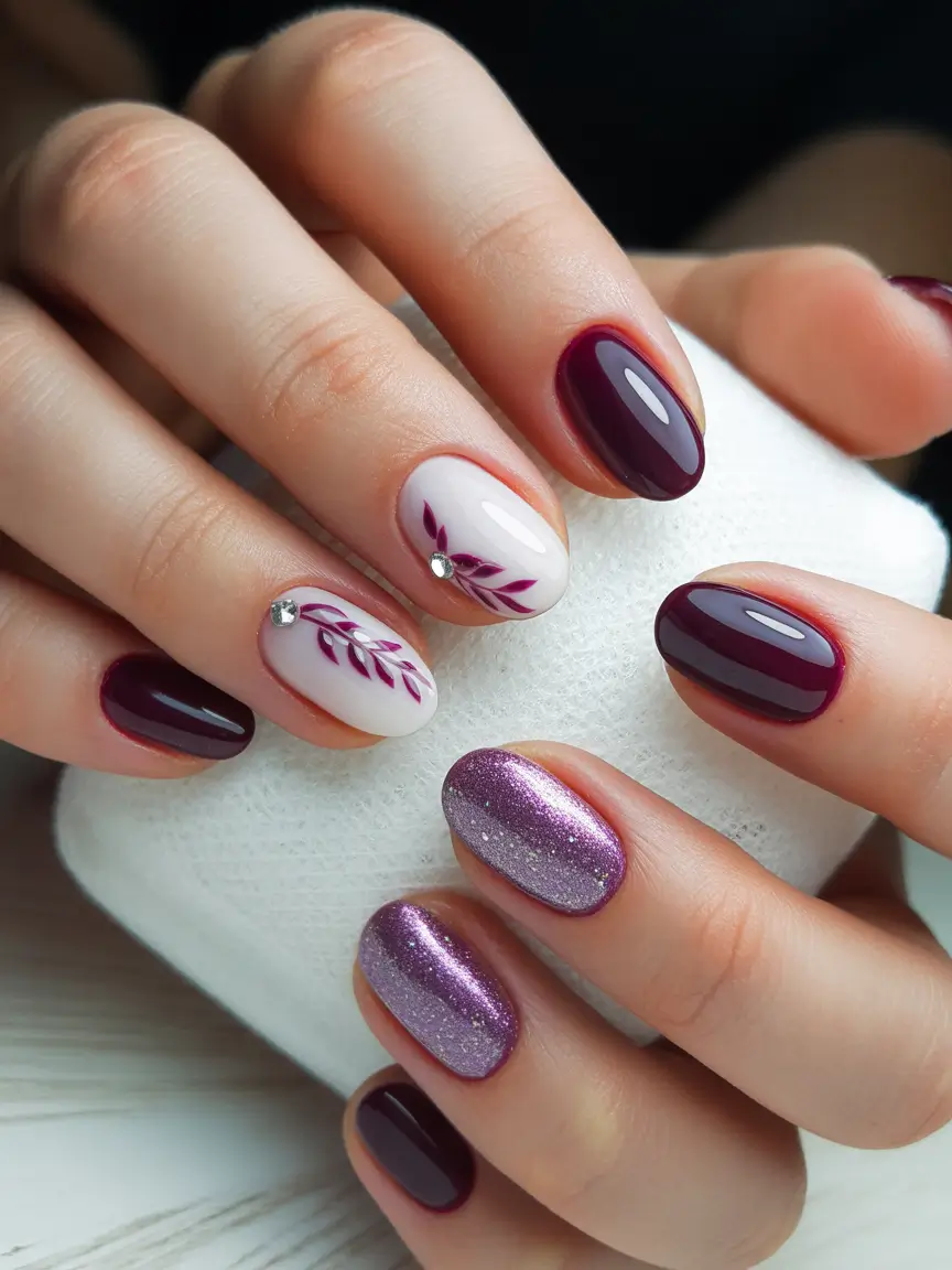 short almond nails 2026 Berry Leaves and Plum Sparkle Harmony