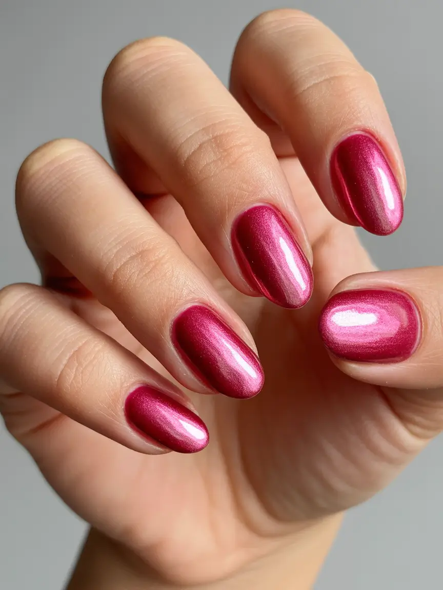 short almond nails 2026 Metallic Raspberry Shine