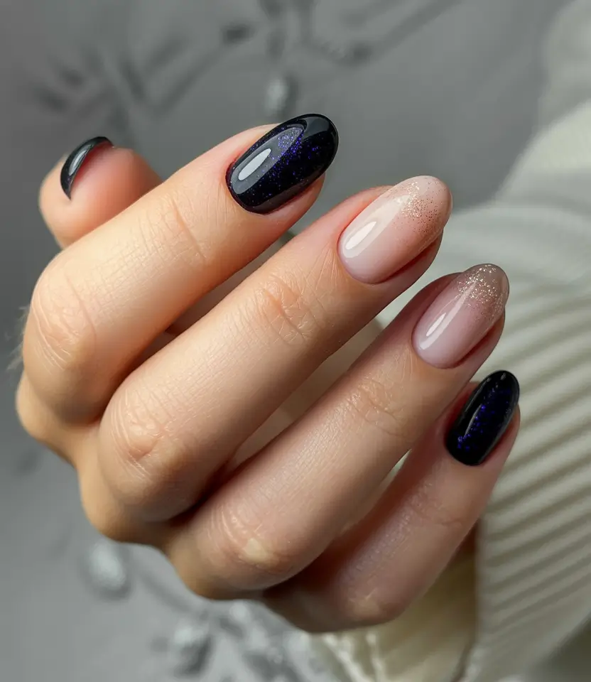 short almond nails 2026 Midnight Depth and Nude Sparkle Fade