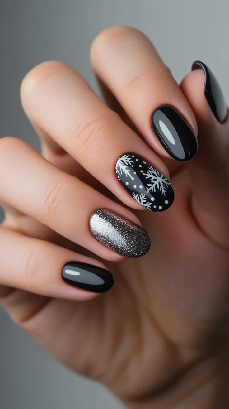 short almond nails 2026 Black Winter Nights with Silver Snow Detail