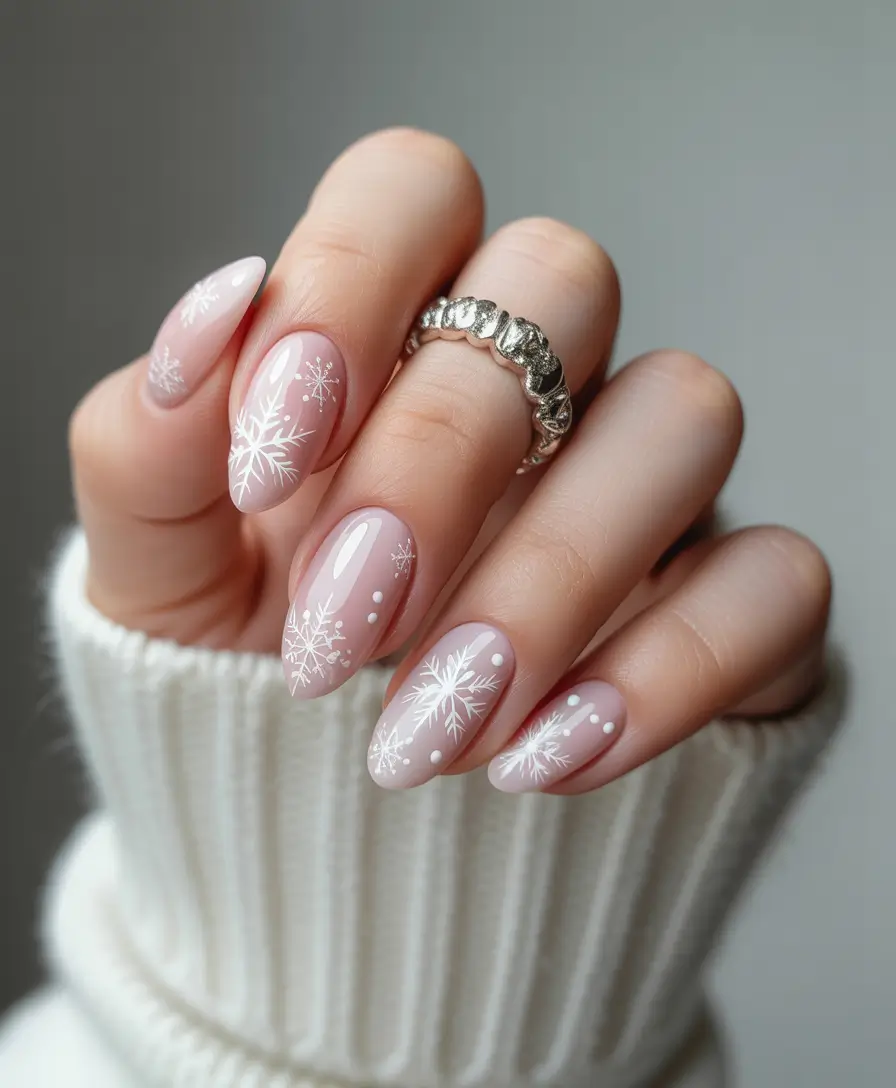 short almond nails 2026 Soft Snowfall on Blush Pink