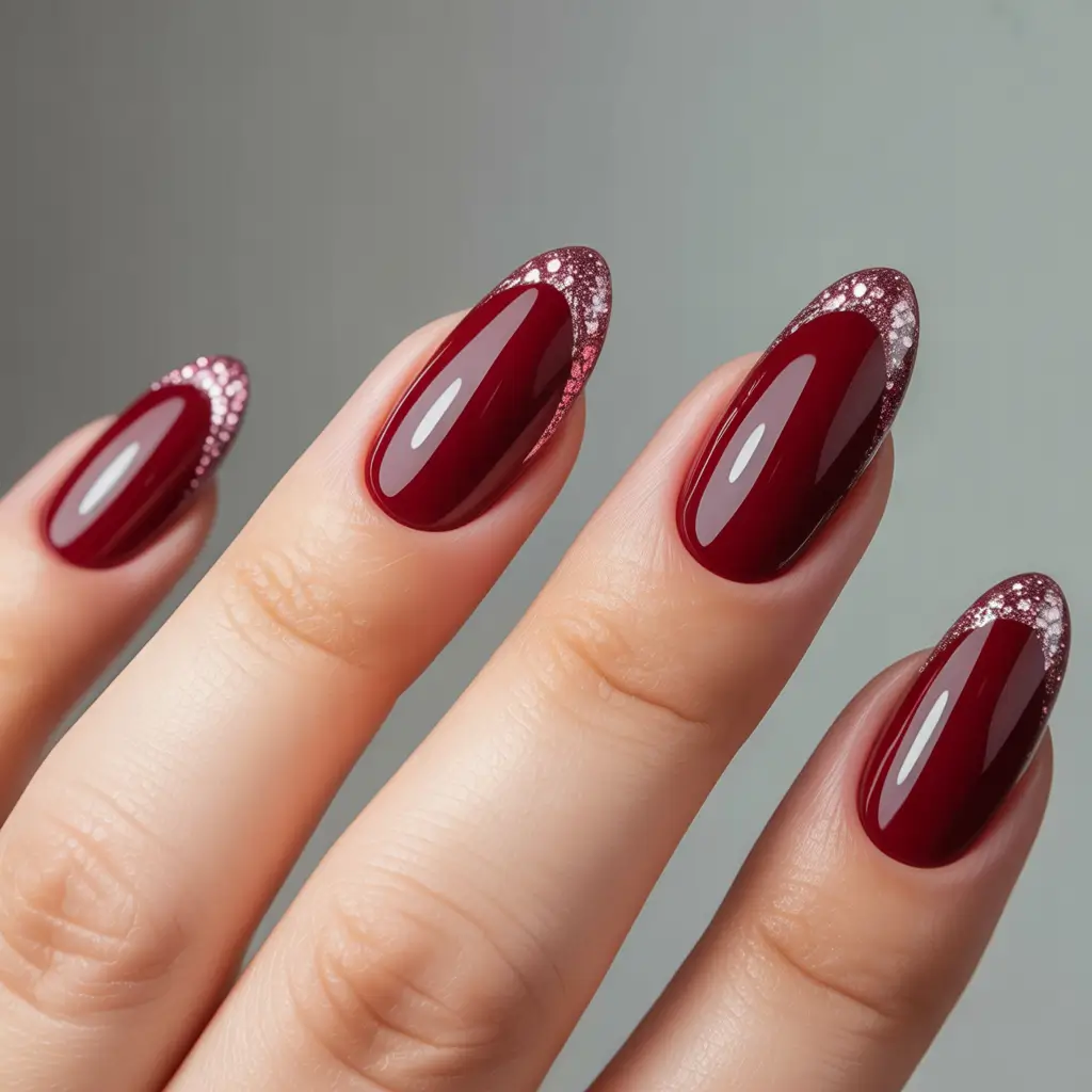 short almond nails 2026 Deep Red Elegance with Sparkling Crescent Edge