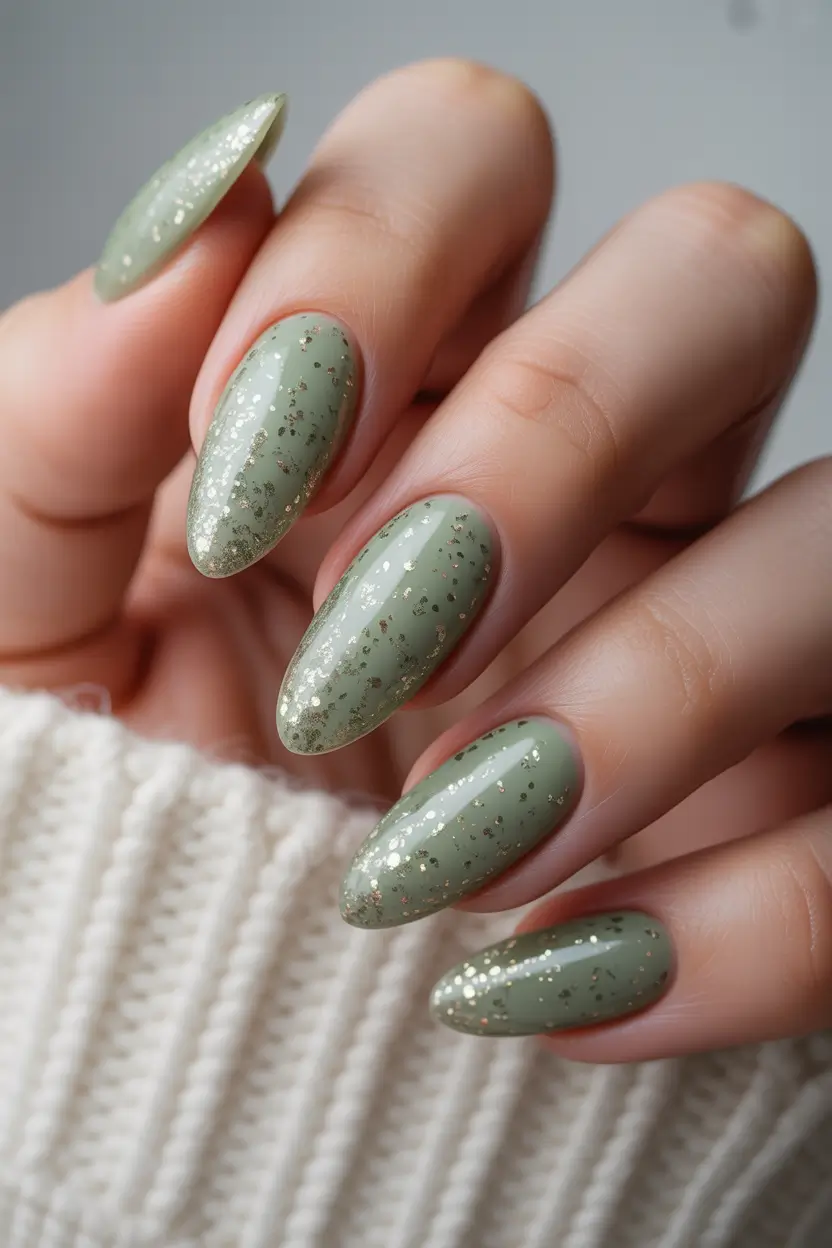 short almond nails 2026 Green Sparkle Almond for Early Spring Mood
