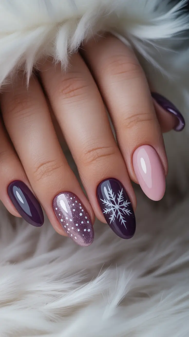 short almond nails 2026 Winter Berries and Snowflake Accents