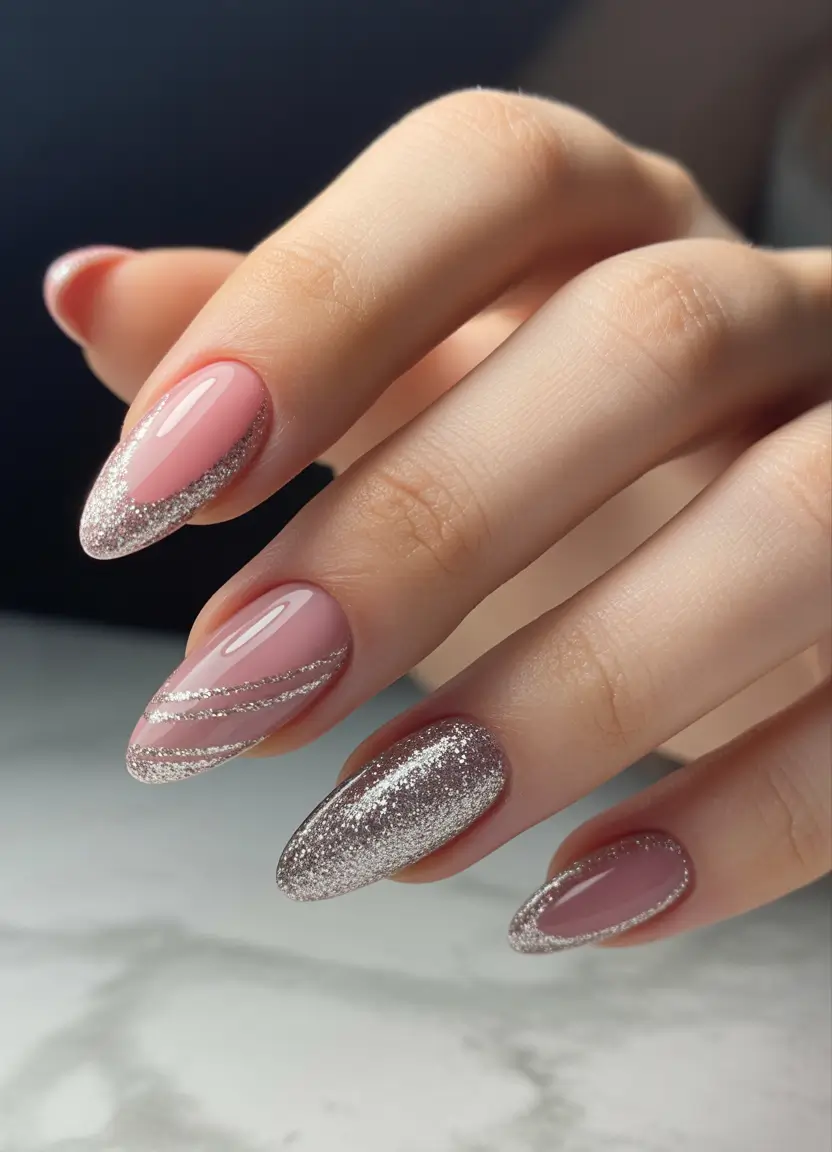 short almond nails 2026 Pink Glitter Waves for Soft Glam Energy