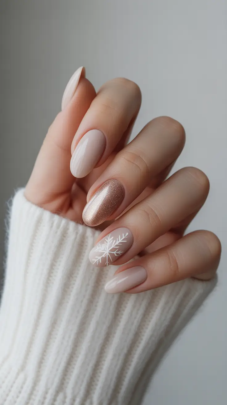 short almond nails 2026 Champagne Neutrals with Snowy White Art