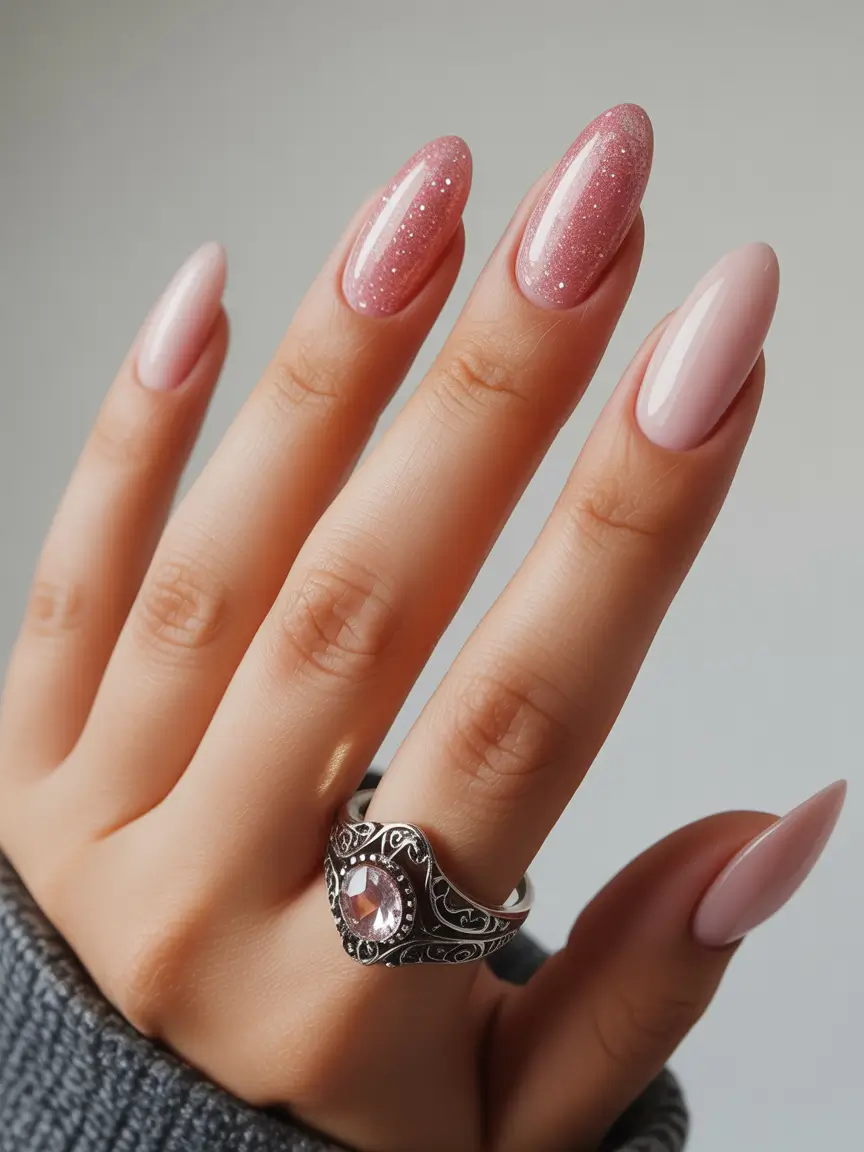 short almond nails 2026 Soft Pink Glow with Subtle Sparkle