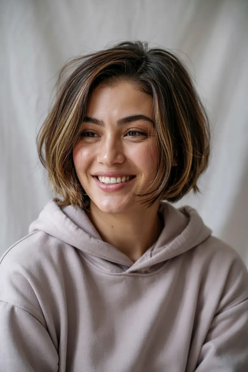 short haircuts with layers Soft Balayage Hoodie Bob