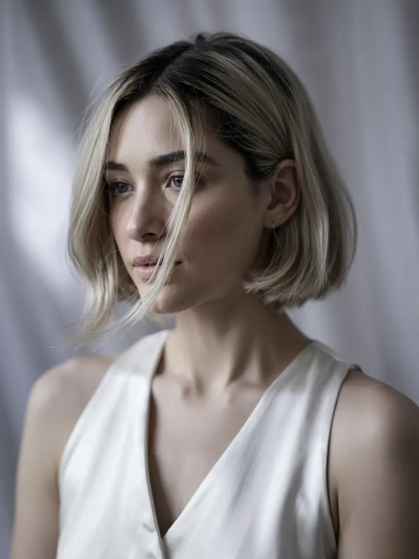 short haircuts for straight hair Ice Blonde Precision Bob