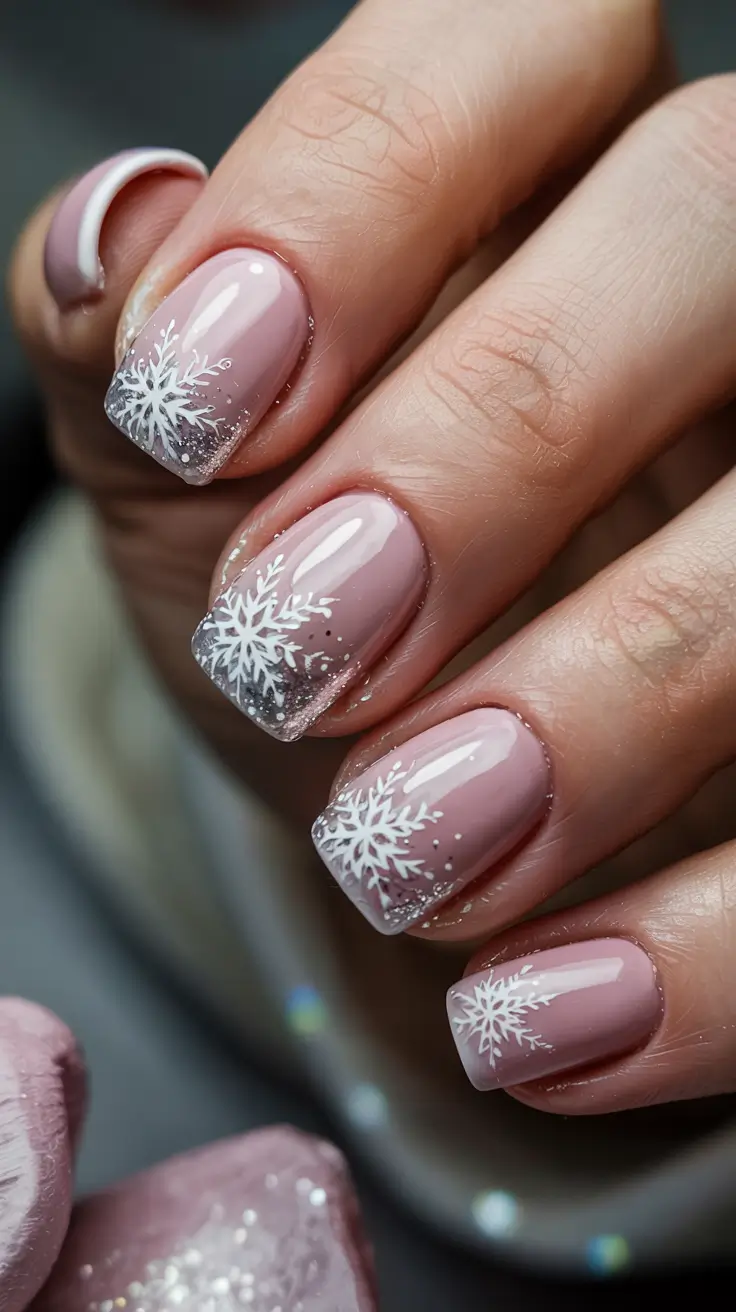 short nails 2026 Winter Frost French Snowflake Elegance