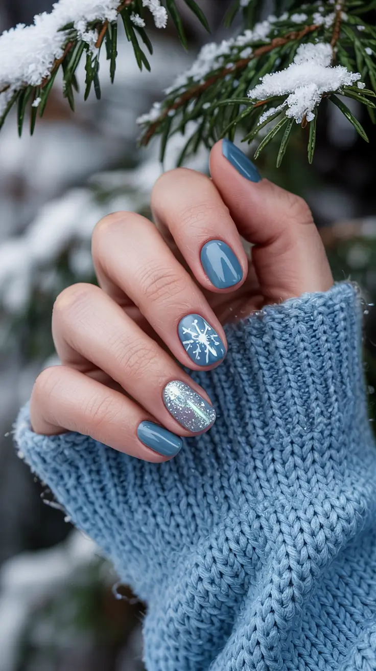 short nails 2026 Blue Nordic Snowflake Accent