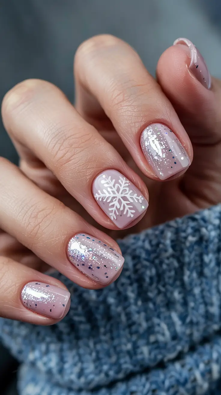 short nails 2026 Pink Ice Glimmer Snowflake