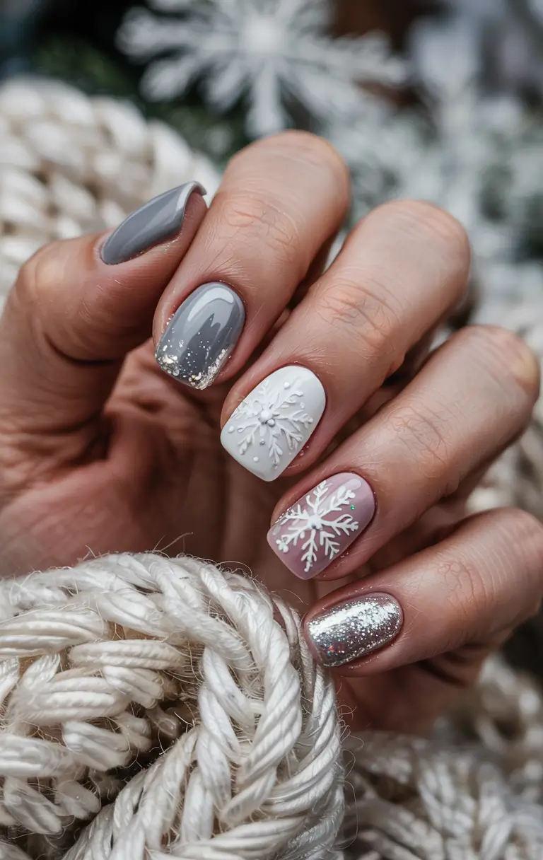short nails 2026 Winter Stormy Neutrals With Snowflakes