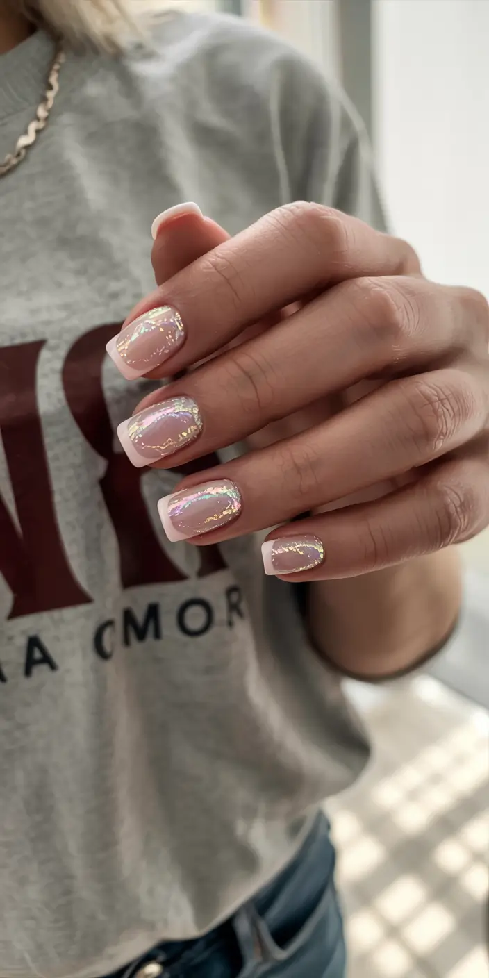 short nails 2026 Iridescent French Glow With Winter Sparkle