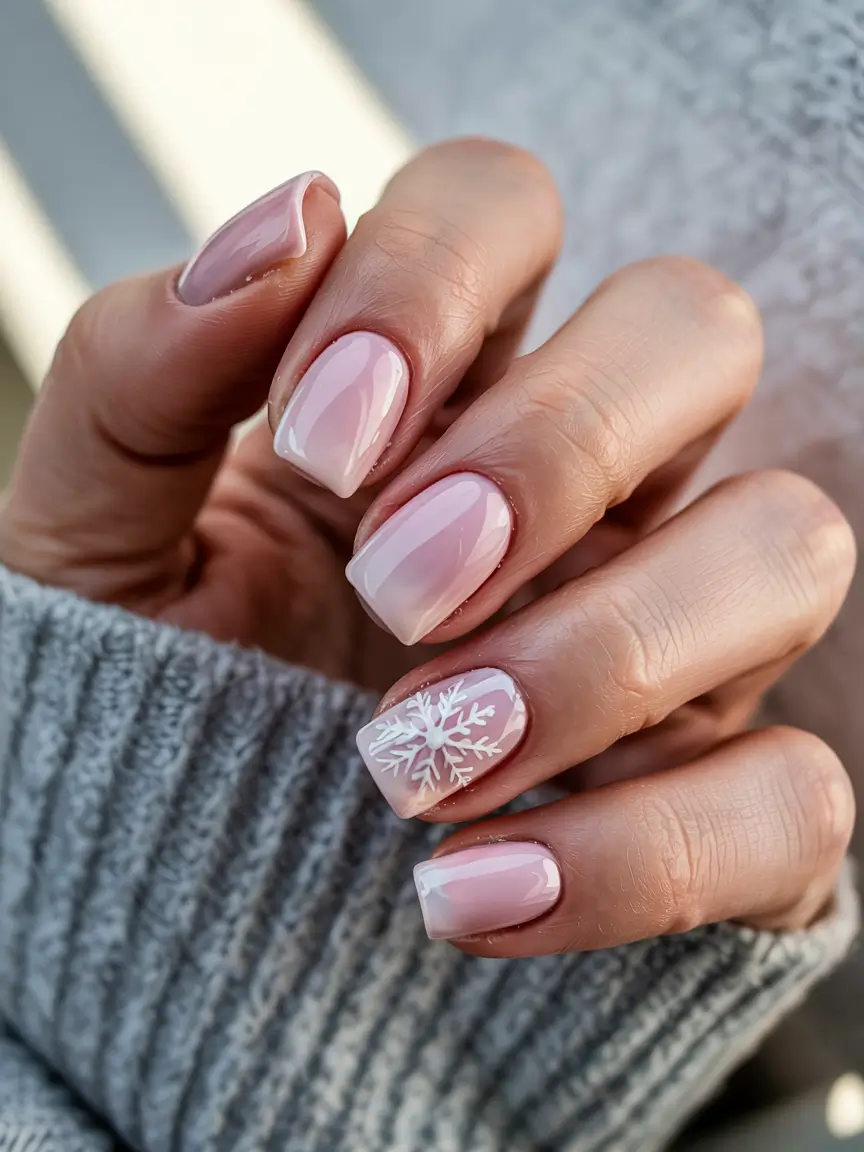 short nails 2026 Blushing Pink Snowflake Softness
