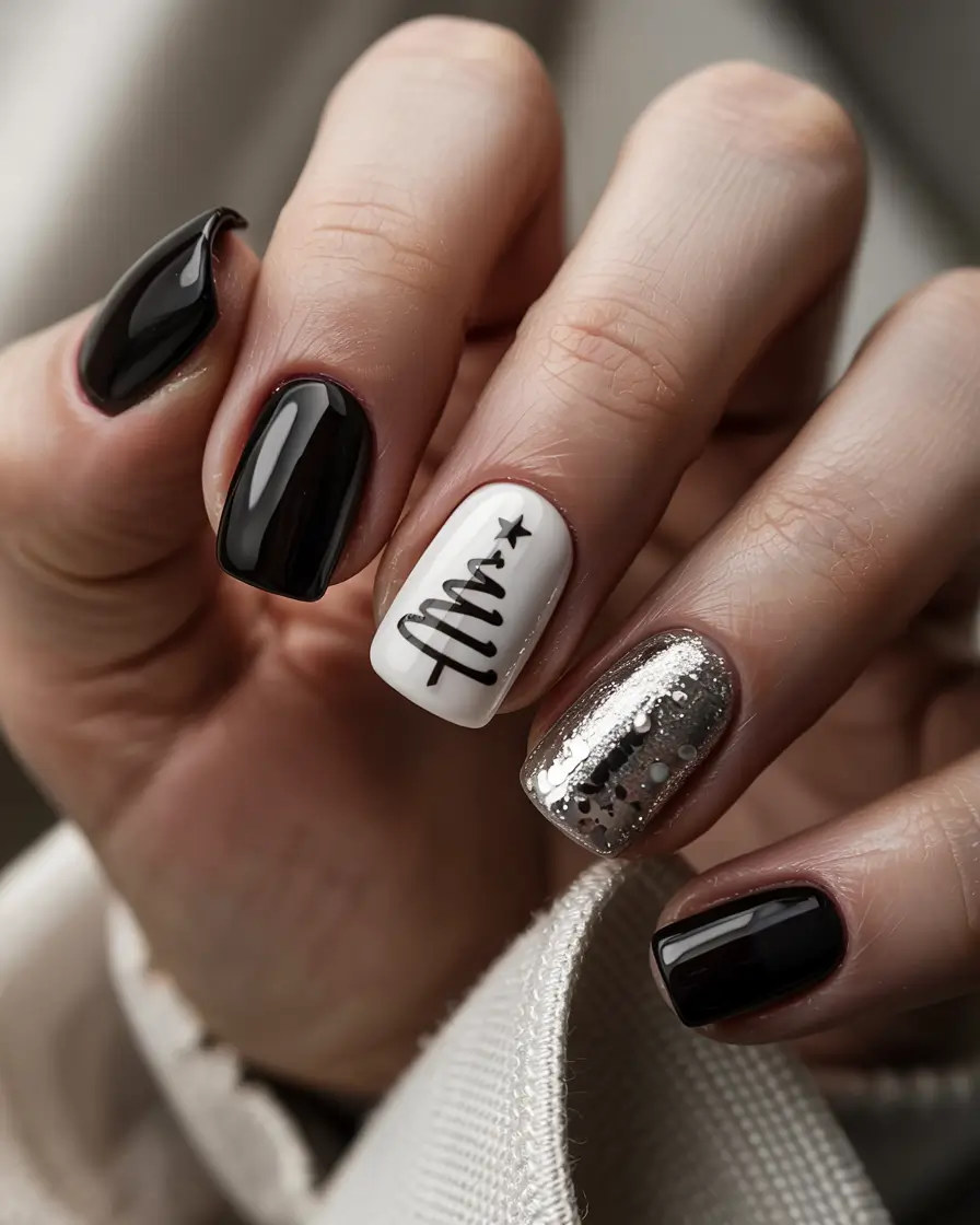 short nails 2026 Black And Silver Holiday Edge