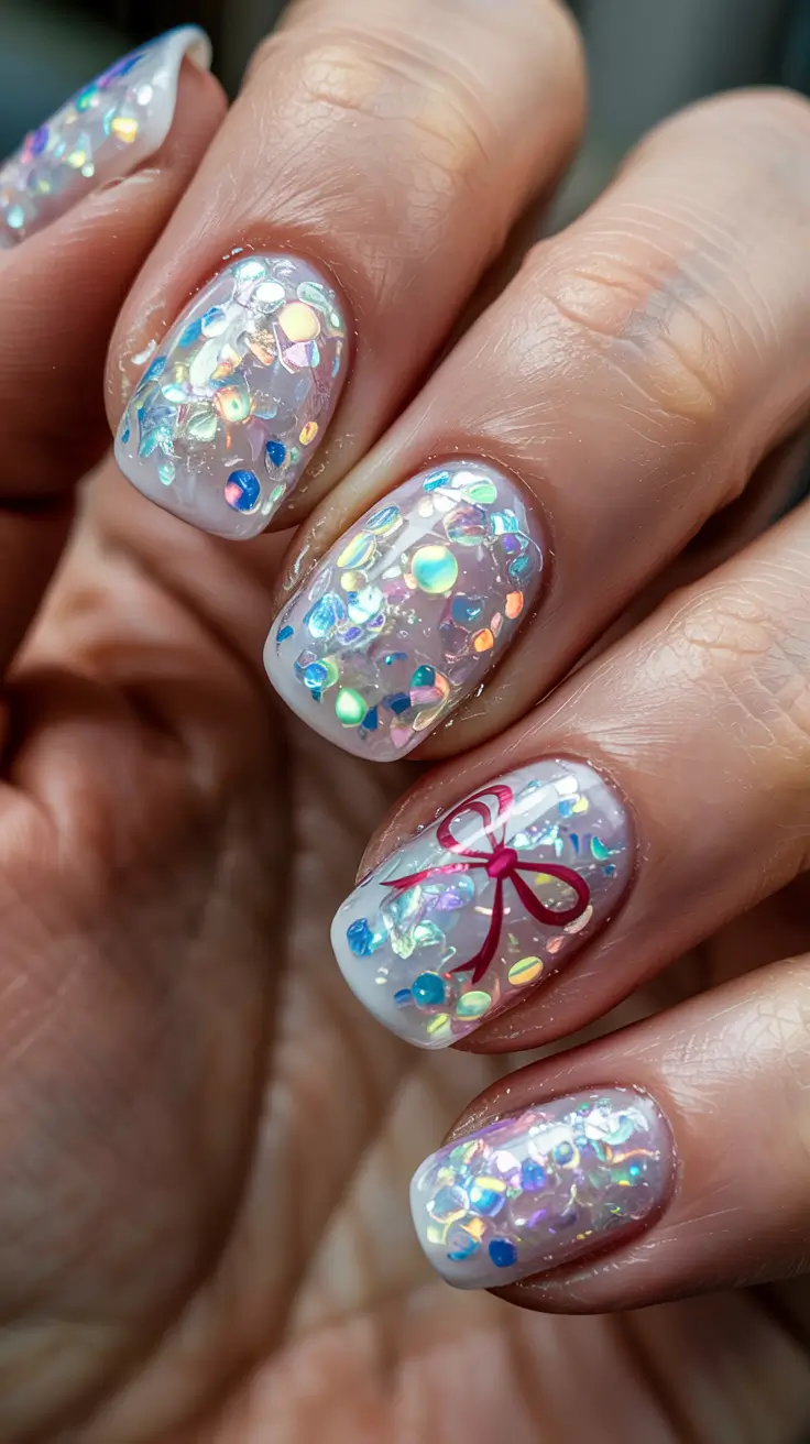 short nails 2026 Iridescent Gift Wrap Sparkle